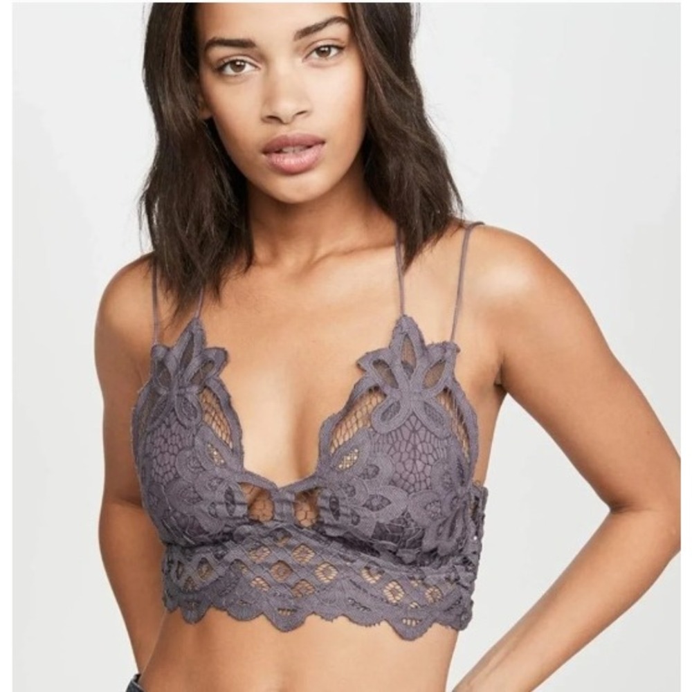 Free People One Adella Bralette Lace Boho‎ Smocked Back Gray Scallop Medium